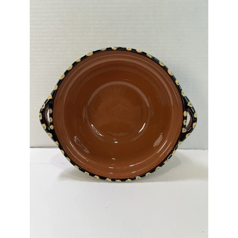 Pottery Barn Handpainted pottery clay bowl/pot with handles No Lid Serveware